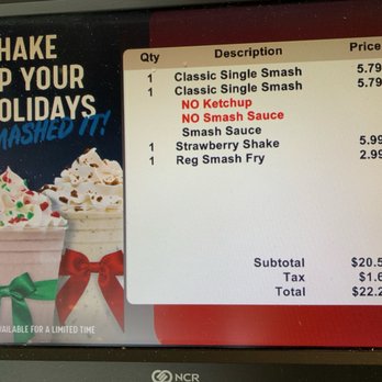 Smashburger - The charge on the receipt did not match this. The receipt showed $24.69. Overcharged by $1.83. Pay close attention to your receipt. - Burgers Near Me - Aurora, Colorado Smashburger - The charge on the receipt did not match this. The receipt showed $24.69. Overcharged by $1.83. Pay close attention to your receipt. - Burgers Near Me - Aurora, Colorado