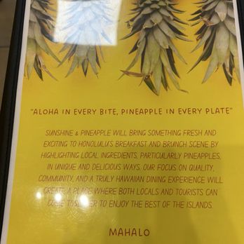 Sunshine & Pineapple - Back of menu - Breakfast & Brunch Near Me - Honolulu, Hawaii