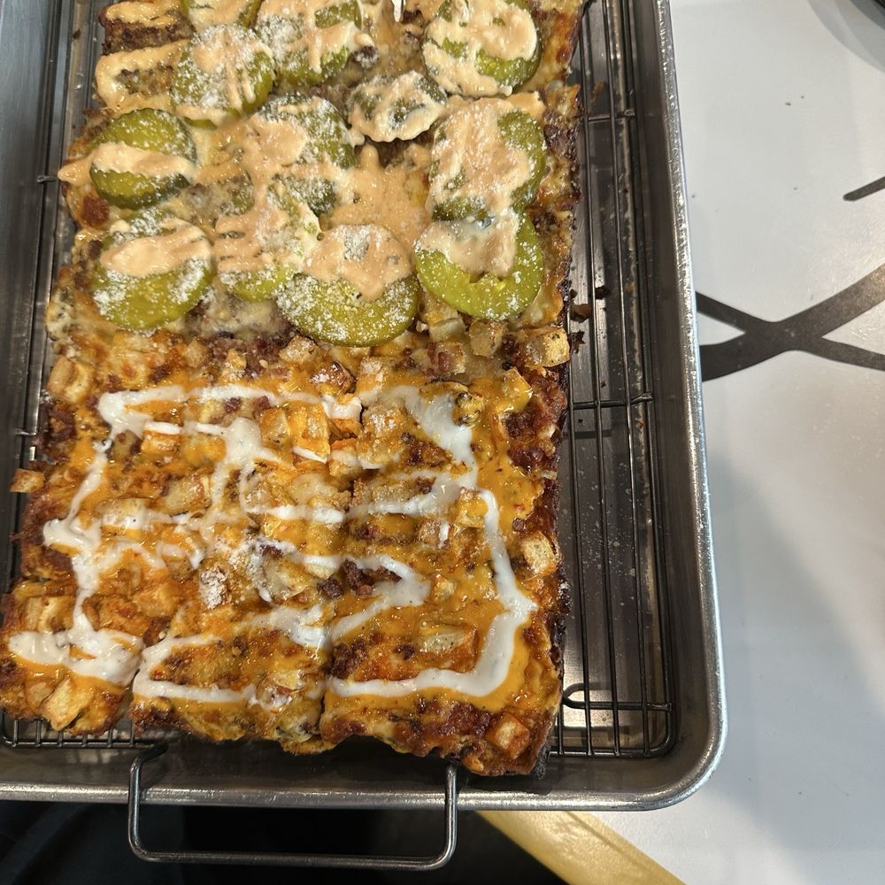 Pizzaboy - Detroit Style: Half Buffalo Chicken; Half Big Mac - Pizza Near Me - Chicago, Illinois Pizzaboy - Detroit Style: Half Buffalo Chicken; Half Big Mac - Pizza Near Me - Chicago, Illinois
