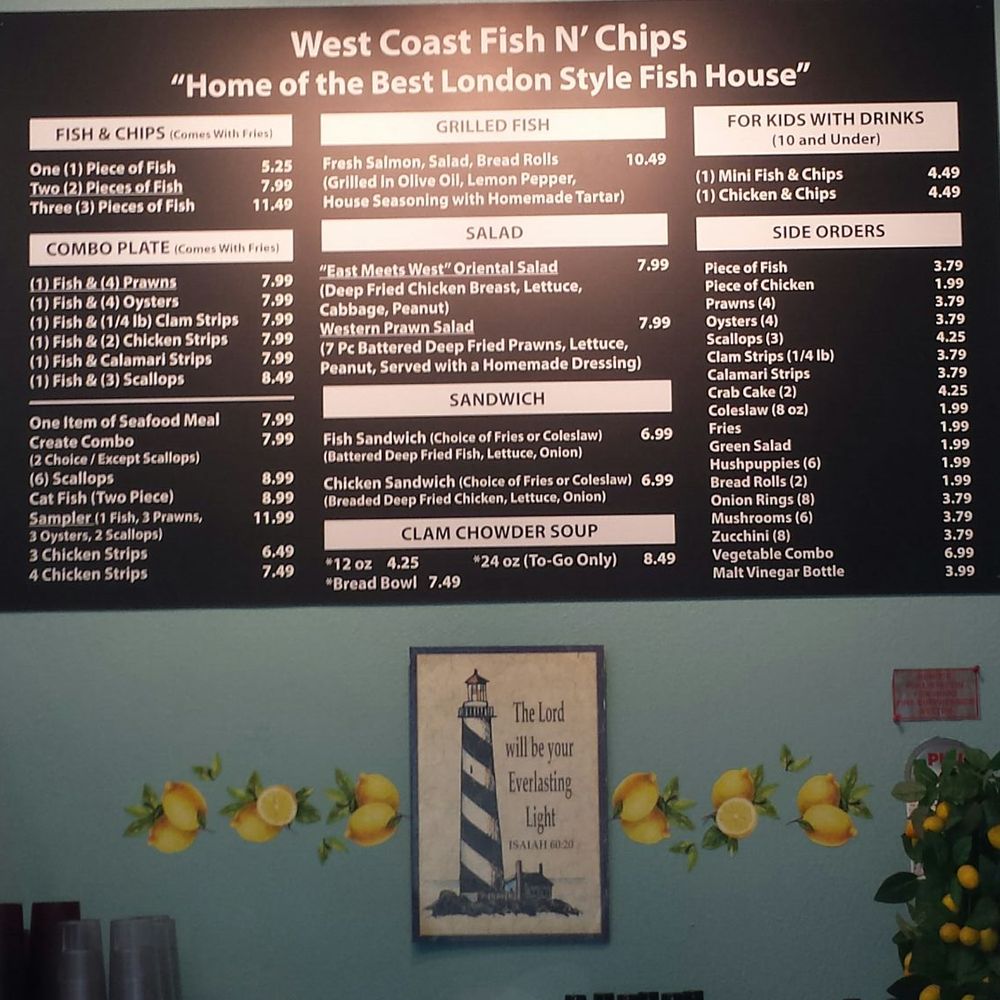 West Coast Fish N' Chips - Here's a pick of the menu. Great reasonable prices. - Seafood Near Me - Clovis, California West Coast Fish N' Chips - Here's a pick of the menu. Great reasonable prices. - Seafood Near Me - Clovis, California