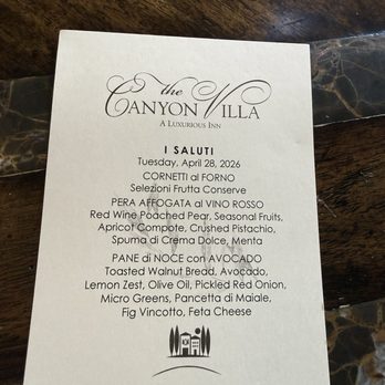 The Canyon Villa - Breakfast menu - Bed & Breakfast Near Me - Paso Robles, California