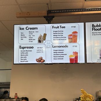 Twisted Boba - Menu board at a bubble tea shop offering ice cream, fruit tea, lemonade, and espresso drinks with prices and flavors listed. - Bubble Tea Near Me - Bridgewater, New Jersey