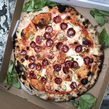 Lucali - Large pizza with beef pepperoni and hot peppers - Pizza Near Me - Brooklyn, New York
