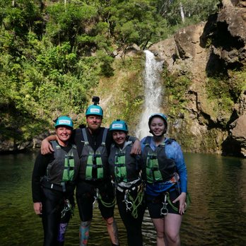 Rappel Maui - Family photo with waterfall that we just all rappelled down - Tours Near Me - Haiku, Hawaii