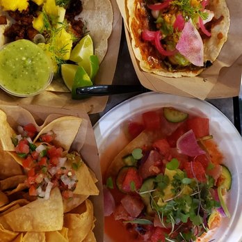 Corazon Cocina - Sal de mar ceviche, al pastor taco(extra pineapple), Tia Juana taco. Chips, pico de gallo. - Mexican Near Me - Santa Barbara, California
