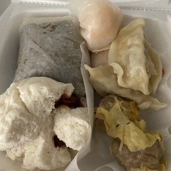 Dim Sum Express - Chicken rice in lotus leaf wrap, steams bbq pork bun (left). Steamed dumpling, (pork) siu mai, and (shrimp) har gow (right). - Dim Sum Near Me - Monterey Park, California