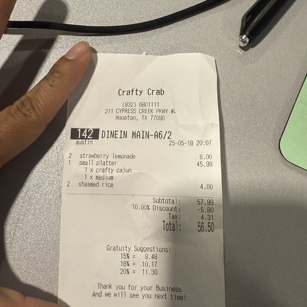 Crafty Crab - Receipt - Seafood Near Me - Houston, Texas