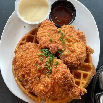 Mom's Kitchen & Bar - -Chicken and Bacon Waffle sauce on the side - Bars Near Me - Astoria, New York Mom's Kitchen & Bar - -Chicken and Bacon Waffle sauce on the side - Bars Near Me - Astoria, New York