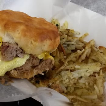 Boarhog's Barbeque - BBQ biscuit with scrambled eggs and cheese! - American Near Me - Huntsville, Alabama
