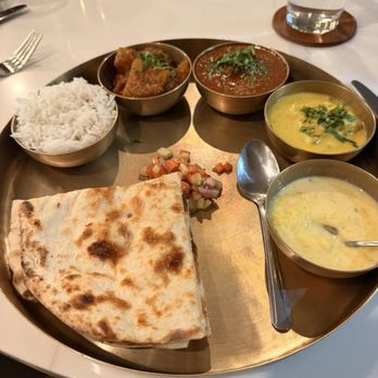 Tabla - Thali with lamb, kadhi, 2 veggies, rice and dessert with naan. The menu said it included dal but it was missing - Indian Near Me - Atlanta, Georgia