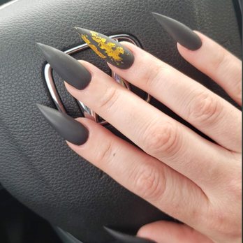 La La Nails - Matte black with gold foil - Nail Salons Near Me - Knoxville, Tennessee