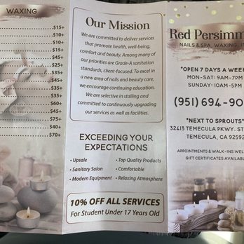 Red Persimmon Nails & Spa - Menu-services with price photo date 7/2023 - Skin Care Near Me - Temecula, California Red Persimmon Nails & Spa - Menu-services with price photo date 7/2023 - Skin Care Near Me - Temecula, California