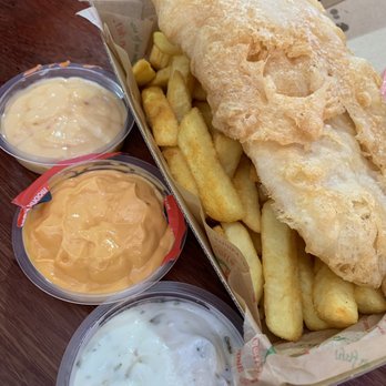 Fish Market Cafe - Fish and chips for breakfast, of course with 3 different dipping sauces - Coffee & Tea Near Me - Pyrmont, NSW