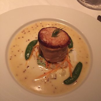 Gary Danko - Horseradish Crusted Salmon Medallion with Dilled Cucumbers and Mustard Sauce - New American Near Me - San Francisco, California