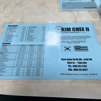 Kim Chee II Restaurant - Menu. Saturday March 22, 2025 - Korean Near Me - Honolulu, Hawaii