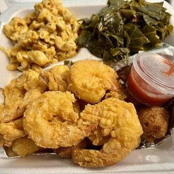 First Impression - Fried shrimp, hush puppies, collards, Mac & cheese