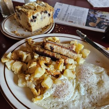 Hobee's Restaurant - Two eggs over easy, hash browns, 3 sausages and a piece of their famous bluberry coffee cake -- big enough for 3 people. Compare the size of - Breakfast & Brunch Near Me - Belmont, California Hobee's Restaurant - Two eggs over easy, hash browns, 3 sausages and a piece of their famous bluberry coffee cake -- big enough for 3 people. Compare the size of - Breakfast & Brunch Near Me - Belmont, California