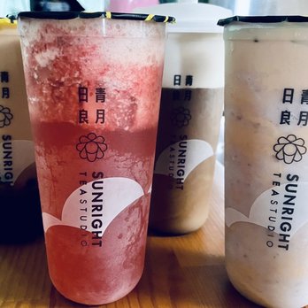 Sunright Tea Studio - Sunnyvale - Sunright Boba Milk Tea ; White Peach Oolong Cheese (back) Strawberry Jasmine Tea ; Taro Milk Tea (front) - Bubble Tea Near Me - Sunnyvale, California Sunright Tea Studio - Sunnyvale - Sunright Boba Milk Tea ; White Peach Oolong Cheese (back) Strawberry Jasmine Tea ; Taro Milk Tea (front) - Bubble Tea Near Me - Sunnyvale, California