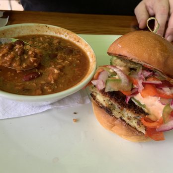 The Refectory Cafe - Crab Cake Burger With Signature Vegan Chili Bowl - New American Near Me - Durham, North Carolina The Refectory Cafe - Crab Cake Burger With Signature Vegan Chili Bowl - New American Near Me - Durham, North Carolina
