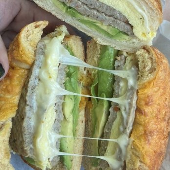 Daily Bagel Cafe - Sausage egg and cheese on a bagel And a sausage egg and cheese on a croissant both with added avocado - Bagels Near Me - Fremont, California Daily Bagel Cafe - Sausage egg and cheese on a bagel And a sausage egg and cheese on a croissant both with added avocado - Bagels Near Me - Fremont, California