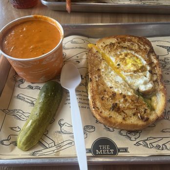 The Melt - Tomato Soup and The Egg in a Hole on spicy garlic bread w/ avocado! - Sandwiches Near Me - Palo Alto, California The Melt - Tomato Soup and The Egg in a Hole on spicy garlic bread w/ avocado! - Sandwiches Near Me - Palo Alto, California