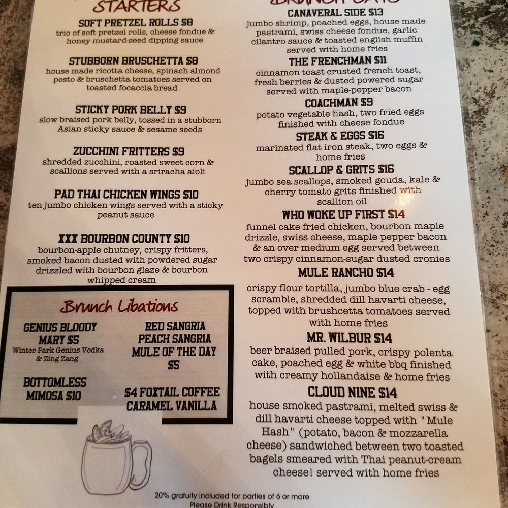 The Stubborn Mule - Brunch menu - New American Near Me - Orlando, Florida The Stubborn Mule - Brunch menu - New American Near Me - Orlando, Florida