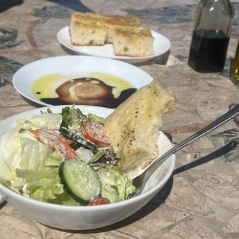 Pastosa By Lucia - House salad with Italian dressing, and focaccia with olive oil and vinegar plate - Italian Near Me - Galt, California