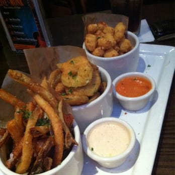 Lucky Monk - App trio. Swapped out the onion strings for the cheese curds. Good decision!!!!! - American Near Me - Barrington, Illinois Lucky Monk - App trio. Swapped out the onion strings for the cheese curds. Good decision!!!!! - American Near Me - Barrington, Illinois