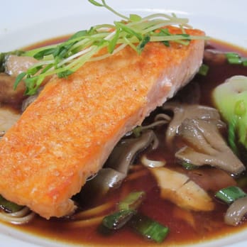 View - Cedar roasted Atlantic salmon, maiitake mushrooms, bok choy, snow pea shoots, shiitake ginger broth - Seafood Near Me - Oakdale, New York View - Cedar roasted Atlantic salmon, maiitake mushrooms, bok choy, snow pea shoots, shiitake ginger broth - Seafood Near Me - Oakdale, New York