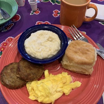 The Flying Biscuit Cafe - Flying Biscuit Breakfast. Comes with 2 eggs, your way, 2 chicken sage sausage patties, creamy grits and one delicious biscuit. - New American Near Me - Gainesville, Florida The Flying Biscuit Cafe - Flying Biscuit Breakfast. Comes with 2 eggs, your way, 2 chicken sage sausage patties, creamy grits and one delicious biscuit. - New American Near Me - Gainesville, Florida
