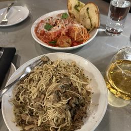 Wild mushroom capellini and spaghetti and meatballs