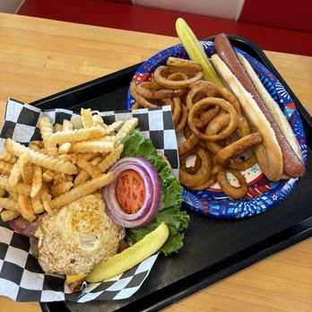 maybe baby burgers - Nathan's Foot long hot dog with onion rings and my husband's burger with fried egg and bacon! - Burgers Near Me - Bath, New York maybe baby burgers - Nathan's Foot long hot dog with onion rings and my husband's burger with fried egg and bacon! - Burgers Near Me - Bath, New York