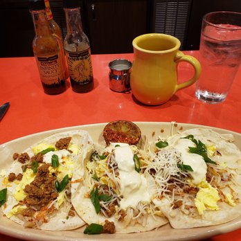 Snooze, an A.M. Eatery - Juan's breakfast tacos w/ Chorizo, no pico - Breakfast & Brunch Near Me - Orange, California Snooze, an A.M. Eatery - Juan's breakfast tacos w/ Chorizo, no pico - Breakfast & Brunch Near Me - Orange, California