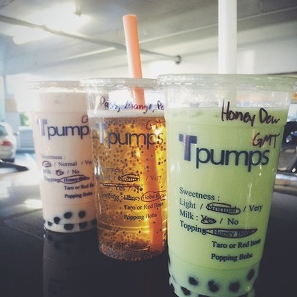 Tpumps - Pasadena - Honey dew green milk tea with honey boba & Passion, mango, and peach green tea with chia seeds - Bubble Tea Near Me - Pasadena, California Tpumps - Pasadena - Honey dew green milk tea with honey boba & Passion, mango, and peach green tea with chia seeds - Bubble Tea Near Me - Pasadena, California