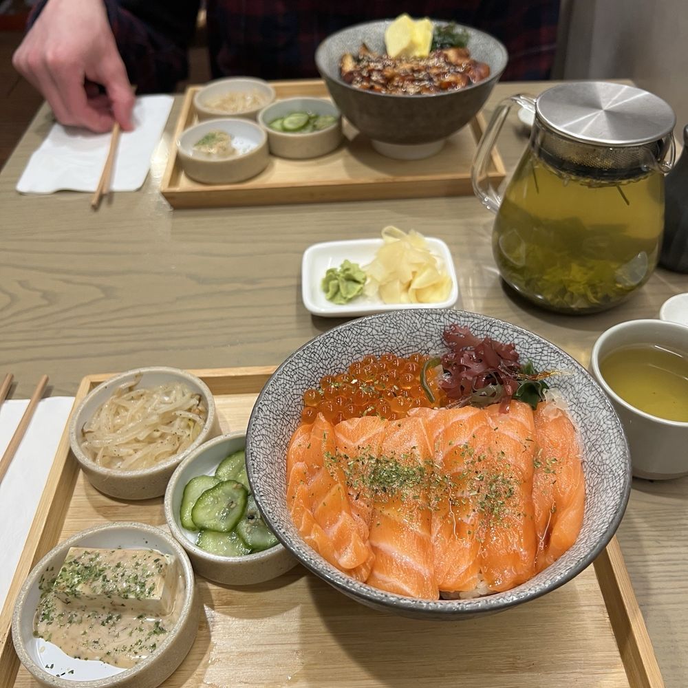 Akami Sushi - Salmon & ikura donburi (front) and unagi donburi (back) - Sushi Bars Near Me - Arcadia, California Akami Sushi - Salmon & ikura donburi (front) and unagi donburi (back) - Sushi Bars Near Me - Arcadia, California