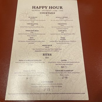 Mayu - Happy Hour Menu - Peruvian Near Me - Miami, Florida