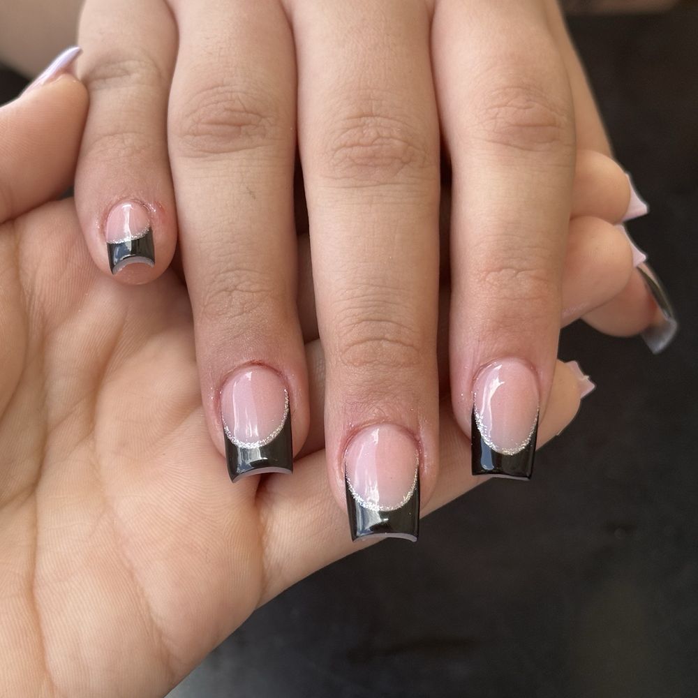 Lux Nail Spa - Black French with glitter lining - square shape - - Nail Salons Near Me - Kyle, Texas