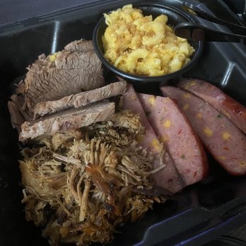 Mission BBQ - Three meat platter - moist brisket, pulled pork, jalapeño cheese sausages, mac and cheese - Barbeque Near Me - Downers Grove, Illinois Mission BBQ - Three meat platter - moist brisket, pulled pork, jalapeño cheese sausages, mac and cheese - Barbeque Near Me - Downers Grove, Illinois