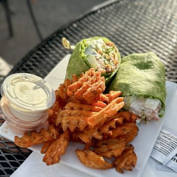 Handlebar - Smoked Chicken Wrap and Sweet Potato Waffle Fries - Bars Near Me - Salt Lake City, Utah Handlebar - Smoked Chicken Wrap and Sweet Potato Waffle Fries - Bars Near Me - Salt Lake City, Utah