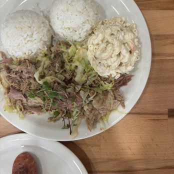 Aloha Stacks - Kalua pork w/mac salad and side of Portuguese sausage - Pancakes Near Me - El Monte, California Aloha Stacks - Kalua pork w/mac salad and side of Portuguese sausage - Pancakes Near Me - El Monte, California