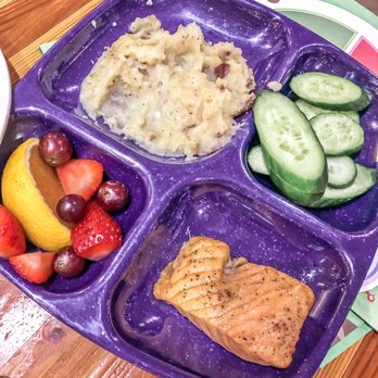 Pita Jungle - Kids meal with Wood - Fired Salmon, Cucumbers and Garlic - Herb Smashed Potatoes - Mediterranean Near Me - Phoenix, Arizona Pita Jungle - Kids meal with Wood - Fired Salmon, Cucumbers and Garlic - Herb Smashed Potatoes - Mediterranean Near Me - Phoenix, Arizona