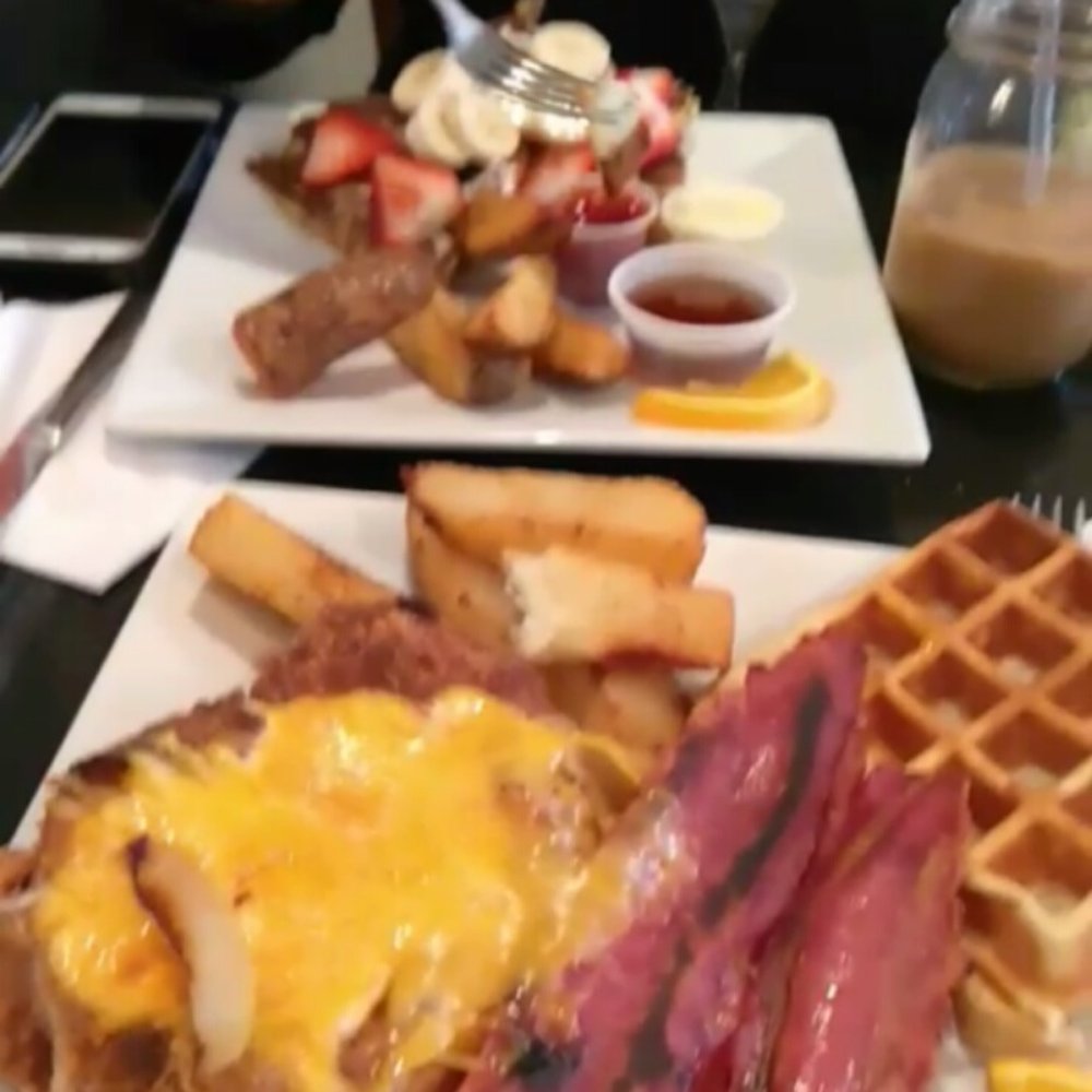 Anthony's Cheesecake - I got the buttermilk battered chicken and waffles with cheddar cheese and Turkey bacon.. She got cinnamon something or another lmao ... - American Near Me - Bloomfield, New Jersey