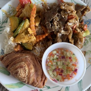 BKK Thai Kitchen - Panang chicken curry (left) + Beef Pad see ew + Curry puff with dipping sauce - Thai Near Me - Carlsbad, California