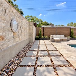 OSR Exteriors - Poolside paver and glued down Colorado rainbow river rock path, for client in Barton Hills