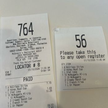 McDonald's - Receipt- 1st order was ordered at 11:46a and 2nd order was ordered and paid at 11:55a. - Fast Food Near Me - Antioch, California