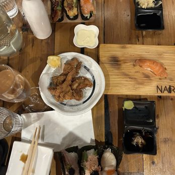 Nara - Hand rolls:  Bottom (right to left)- hotate, California, tai  Top: sake, shrimp tempura, unagi  Chicken karage Sake nigiri - Japanese Near Me - San Francisco, California