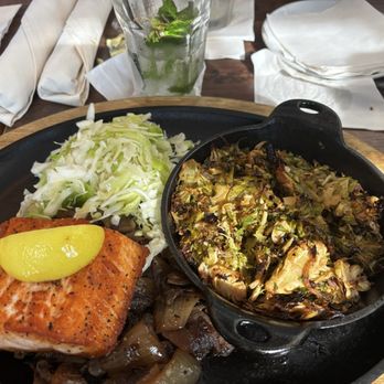 J. Wilson's - Salmon plate with Brussels - New American Near Me - Beaumont, Texas