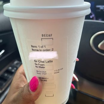 Starbucks - Chai latte no water no foam - Coffee & Tea Near Me - Greenacres, Florida Starbucks - Chai latte no water no foam - Coffee & Tea Near Me - Greenacres, Florida