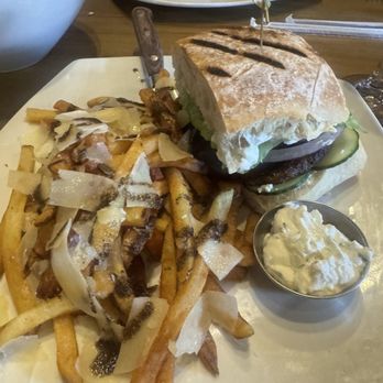 George Bistro + Bar - Lamb burger with fries - New American Near Me - Pensacola, Florida George Bistro + Bar - Lamb burger with fries - New American Near Me - Pensacola, Florida