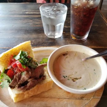 Prospect Gourmand - Steaktip sandwich and cauliflower soup with black truffle vinaigrette. Yum - New American Near Me - Beverly Hills, California Prospect Gourmand - Steaktip sandwich and cauliflower soup with black truffle vinaigrette. Yum - New American Near Me - Beverly Hills, California